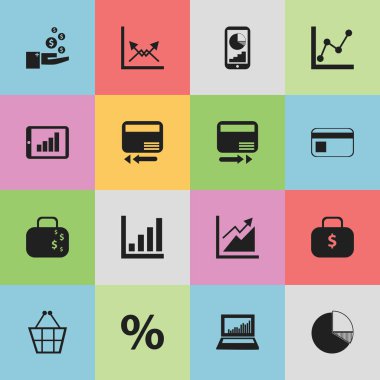 16 düzenlenebilir mantıksal simgeler kümesi. Çubuk grafik, telefon istatistikleri, grafik bilgi ve daha fazlası gibi simgeler içerir. Web, mobil, UI ve Infographic tasarımı için kullanılabilir.