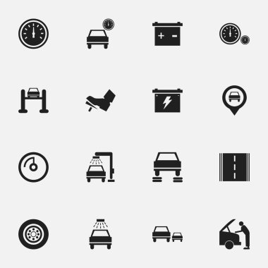 16 düzenlenebilir taşıma simgeler kümesi. Oto tamir, araç yıkama, akü ve daha fazla gibi simgeler içerir. Web, mobil, UI ve Infographic tasarımı için kullanılabilir.