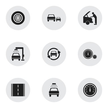 9 düzenlenebilir taşıma simgeler kümesi. Araba yıkanmak gibi araç yıkama, arabayı tamir ve diğer simgeler içerir. Web, mobil, UI ve Infographic tasarımı için kullanılabilir.