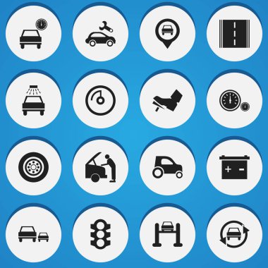 16 düzenlenebilir araç simgeler kümesi. Trafik ışığı, otomotiv düzeltme, hız ekran ve daha fazlası gibi simgeler içerir. Web, mobil, UI ve Infographic tasarımı için kullanılabilir.