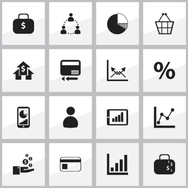 16 düzenlenebilir mantıksal simgeler kümesi. Telefon istatistikleri, nakit evrak çantası, grafik bilgi ve daha fazlası gibi simgeler içerir. Web, mobil, UI ve Infographic tasarımı için kullanılabilir.