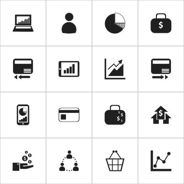 16 düzenlenebilir mantıksal simgeler kümesi. Simgeleri gibi daire diyagram, para çanta, kredi kartı ve daha fazlasını içerir. Web, mobil, UI ve Infographic tasarımı için kullanılabilir.