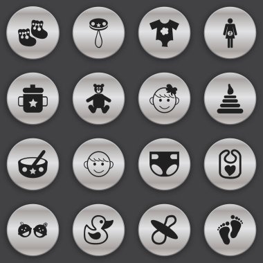 16 düzenlenebilir çocuk simgeler kümesi. Çıngırak, neşeli çocuklar, önlük ve daha fazlası gibi simgeler içerir. Web, mobil, UI ve Infographic tasarımı için kullanılabilir.