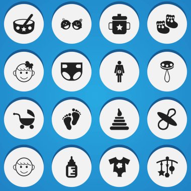 16 düzenlenebilir bebek simgeler kümesi. Semboller gibi içerir süslüyor, Goplet, emzikler ve daha fazlası. Web, mobil, UI ve Infographic tasarımı için kullanılabilir.