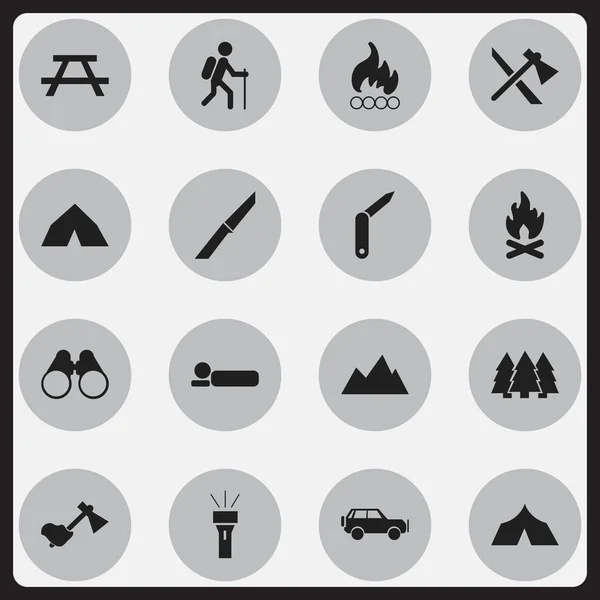 Conjunto de 16 iconos de viaje editables. Incluye símbolos como refugio, vehículo deportivo, gafas de campo y más. Puede ser utilizado para el diseño de la tela, móvil, interfaz de usuario e infografía . — Vector de stock