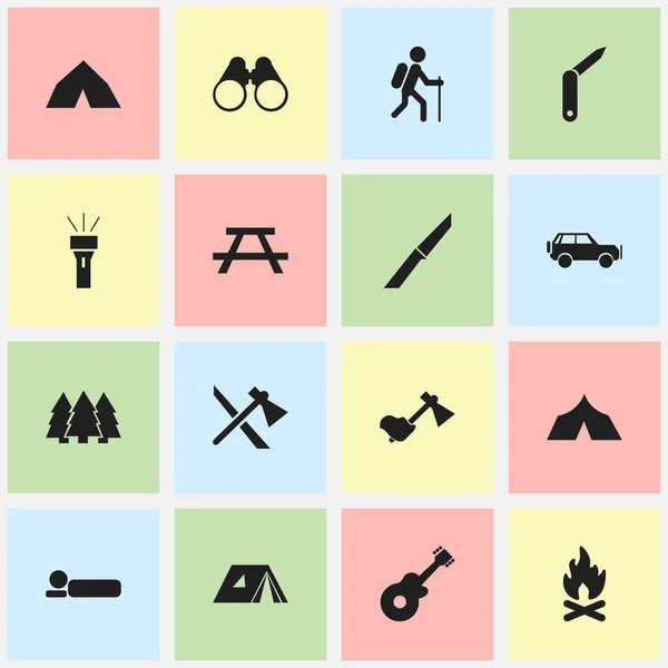 Set Of 16 Editable Trip Icons. Includes Symbols Such As Bedroll, Knife, Sport Vehicle And More. Can Be Used For Web, Mobile, UI And Infographic Design. — Stock Vector