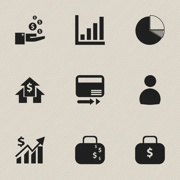 Készlet 9 szerkeszthető Analytics ikonok. Magában foglalja a jeleket, mint például a kör Diagram, bevétel, Pénzeszsák és így tovább. Lehet használni a Web, mobil, Ui és Infographic Design. — Stock Vector