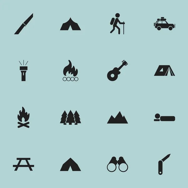 Conjunto de 16 iconos de viaje editables. Incluye símbolos como tipi, refugio, gafas de campo y más. Puede ser utilizado para el diseño de la tela, móvil, interfaz de usuario e infografía . — Vector de stock