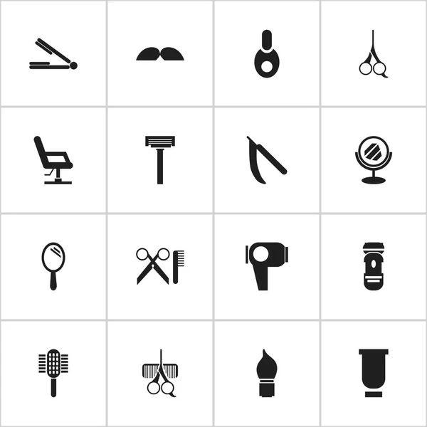Set de 16 iconos editables del artista tonsorial. Incluye símbolos como Whiskers, cargador, herramientas de peluquería y más. Puede ser utilizado para el diseño de la tela, móvil, interfaz de usuario e infografía . — Vector de stock