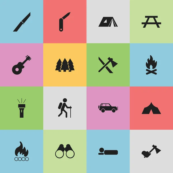 Conjunto de 16 iconos de viaje editables. Incluye símbolos tales como corchete-cuchillo, pino, vehículo deportivo y más. Puede ser utilizado para el diseño de la tela, móvil, interfaz de usuario e infografía . — Archivo Imágenes Vectoriales