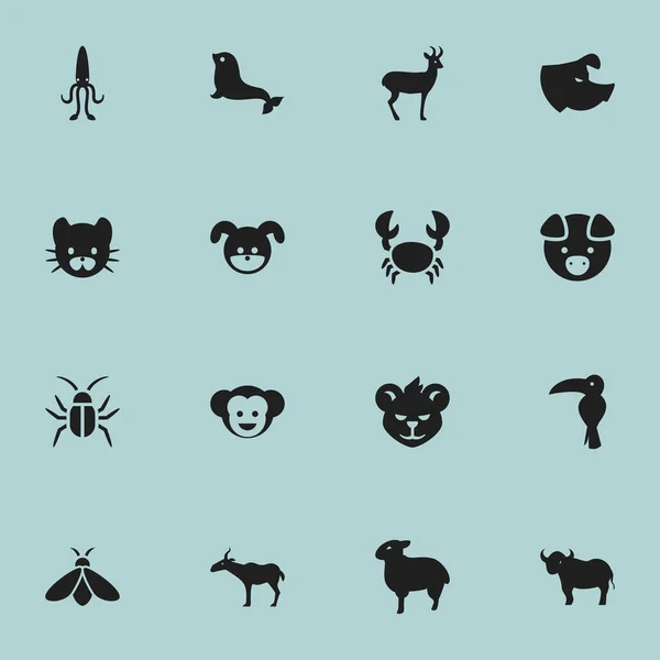 Satz von 16 editierbaren Zoologie-Symbolen. enthält Symbole wie Tiger, Sau, Hummer und mehr. kann für Web-, Mobil-, UI- und Infografik-Design verwendet werden. — Stockvektor