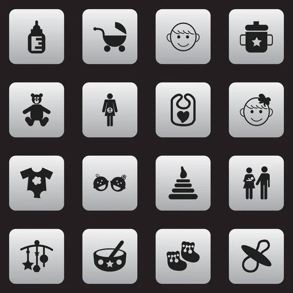 Set med 16 redigerbara spädbarn ikoner. Innehåller symboler som nappar, barnvagn, omvårdnad flaska och mer. Kan användas för webb-, mobil-, Ui- och Infographic Design. — Stock vektor