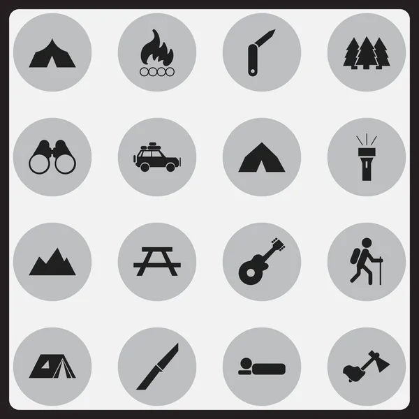 Zestaw 16 ikon można edytować podróży. Zawiera symbole, takie jak chód, tipi, zapięcie nóż i więcej. Mogą być używane dla sieci Web, mobilnych, interfejsu użytkownika i Infographic Design. — Wektor stockowy