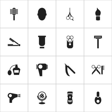 16 düzenlenebilir Kuaför simgeler kümesi. Tıraş makinesi, şarj cihazı, tıraş ve daha fazlası gibi simgeler içerir. Web, mobil, UI ve Infographic tasarımı için kullanılabilir.