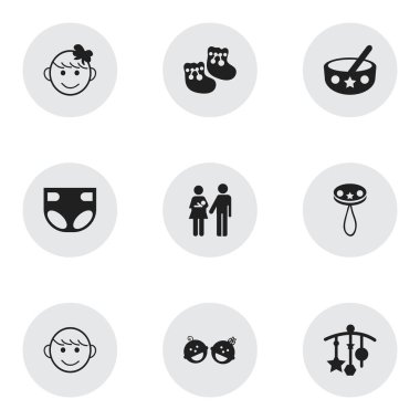 9 düzenlenebilir bebek simgeler kümesi. Semboller gibi içerir süslüyor, çıngırak, Bebek bezi ve daha fazlası. Web, mobil, UI ve Infographic tasarımı için kullanılabilir.