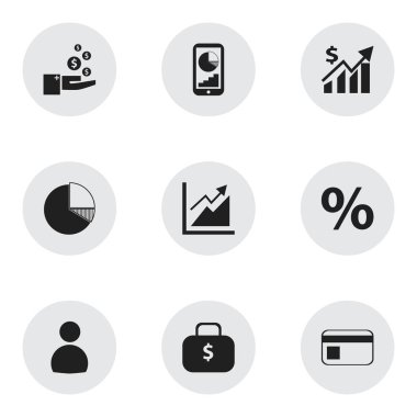 9 düzenlenebilir mantıksal simgeler kümesi. Para çantası, gelir, banka ödeme ve daha fazlası gibi simgeler içerir. Web, mobil, UI ve Infographic tasarımı için kullanılabilir.