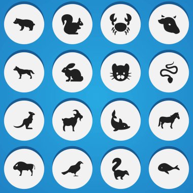 16 düzenlenebilir Hayvanat Bahçesi simgeler kümesi. Kedi, Bizon, oynak balık ve daha fazlası gibi simgeler içerir. Web, mobil, UI ve Infographic tasarımı için kullanılabilir.