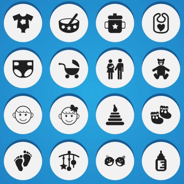 16 düzenlenebilir çocuk simgeler kümesi. Neşeli Çocuklar, Ayakkabı gibi simgeler için bebekler, Footmark ve daha fazlasını içerir. Web, mobil, UI ve Infographic tasarımı için kullanılabilir.