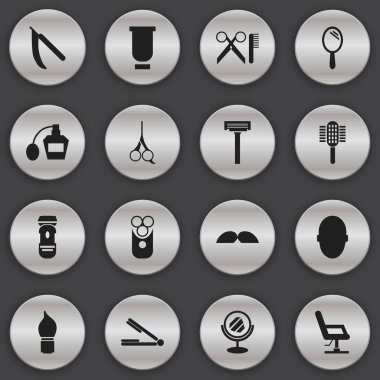 16 düzenlenebilir Kuaför simgeler kümesi. Kesme aracı, beyin, tıraş ve daha fazla gibi simgeler içerir. Web, mobil, UI ve Infographic tasarımı için kullanılabilir.