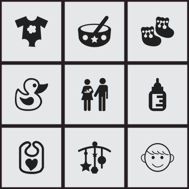 9 düzenlenebilir bebek simgeler kümesi. Önlük, soy, kaşık ve daha fazlası gibi simgeler içerir. Web, mobil, UI ve Infographic tasarımı için kullanılabilir.