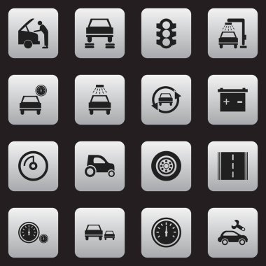 16 düzenlenebilir araba simgeler kümesi. Araç yıkama, otomatik, arabayı tamir ve daha fazla ayarlama gibi simgeler içerir. Web, mobil, UI ve Infographic tasarımı için kullanılabilir.