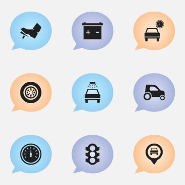 9 düzenlenebilir araç simgeler kümesi. Pedalla, otomobil, araba yıkanmak gibi sembolleri içerir ve daha fazlası. Web, mobil, UI ve Infographic tasarımı için kullanılabilir.