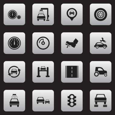 16 düzenlenebilir taşıma simgeler kümesi. Araç yıkama, lastik, pedalla ve daha fazlası gibi simgeler içerir. Web, mobil, UI ve Infographic tasarımı için kullanılabilir.