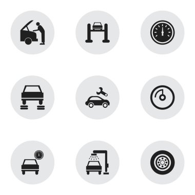 9 düzenlenebilir taşıma simgeler kümesi. Otomotiv düzeltme, oto tamir, lastik ve daha fazlası gibi simgeler içerir. Web, mobil, UI ve Infographic tasarımı için kullanılabilir.