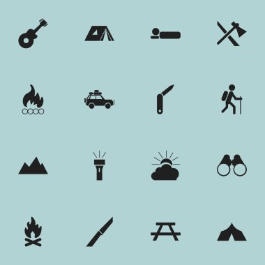 16 düzenlenebilir seyahat simgeler kümesi. Barınak, Tomahawk, alan gözlük ve daha fazlası gibi simgeler içerir. Web, mobil, UI ve Infographic tasarımı için kullanılabilir.
