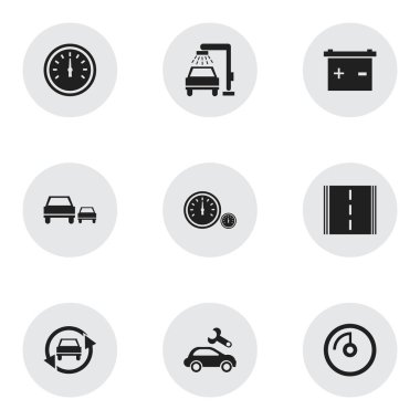 9 düzenlenebilir taşıma simgeler kümesi. Auto, akümülatör, otomotiv düzeltme ve diğer Tuning gibi simgeleri içerir. Web, mobil, UI ve Infographic tasarımı için kullanılabilir.