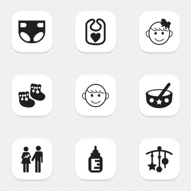 9 düzenlenebilir bebek simgeler kümesi. Çocuk, önlük, kaşık ve daha fazlası gibi simgeler içerir. Web, mobil, UI ve Infographic tasarımı için kullanılabilir.