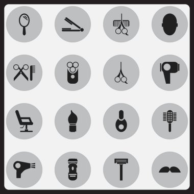 16 düzenlenebilir berber simgeler kümesi. Saç gibi simgeler içerir kurutucu, bodur, alın saç kurutma makinesi ve daha fazlası. Web, mobil, UI ve Infographic tasarımı için kullanılabilir.