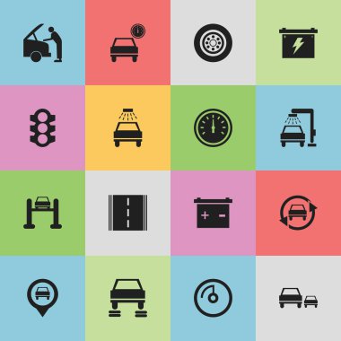 16 düzenlenebilir araba simgeler kümesi. Araç yıkama, lastik, otomobil ve daha fazlası gibi simgeler içerir. Web, mobil, UI ve Infographic tasarımı için kullanılabilir.
