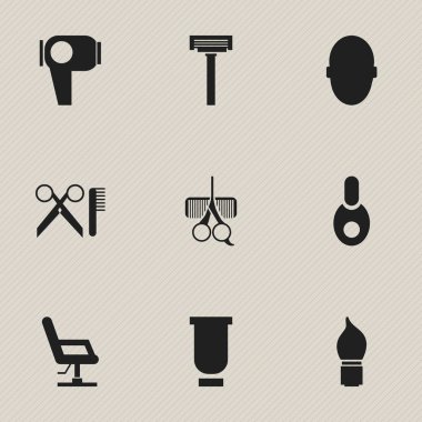 9 düzenlenebilir Kuaför simgeler kümesi. Saç kurutucu, Kuaför Set, Kuaför araçları gibi simgeler ve daha fazlasını içerir. Web, mobil, UI ve Infographic tasarımı için kullanılabilir.