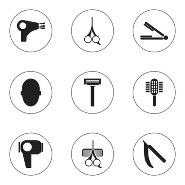 9 düzenlenebilir Kuaför simgeler kümesi. Desiccator, al saç gibi simgeler içerir kurutma makinesi, saç kurutucu ve daha fazlası. Web, mobil, UI ve Infographic tasarımı için kullanılabilir.