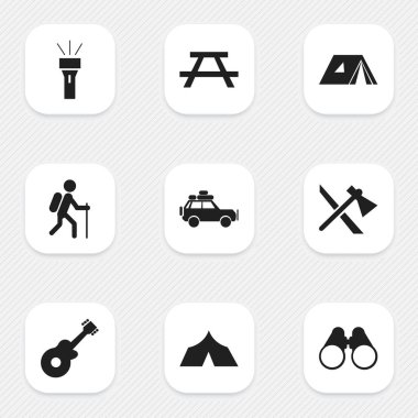 9 düzenlenebilir seyahat simgeler kümesi. Sığınak, Tomahawk, fener ve daha fazlası gibi simgeler içerir. Web, mobil, UI ve Infographic tasarımı için kullanılabilir.