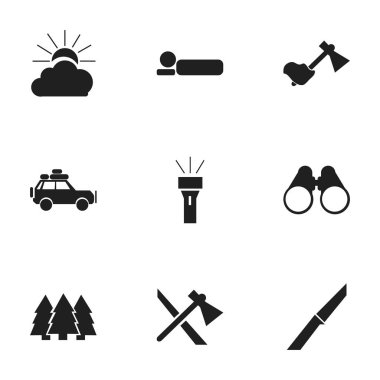 9 düzenlenebilir seyahat simgeler kümesi. Sunrise, sırt yatağı, fener ve daha fazlası gibi simgeler içerir. Web, mobil, UI ve Infographic tasarımı için kullanılabilir.