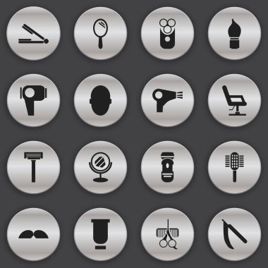 16 düzenlenebilir berber simgeler kümesi. Tıraş, tıraş makinesi, saç gibi simgeler içerir kurutucu ve daha fazlası. Web, mobil, UI ve Infographic tasarımı için kullanılabilir.