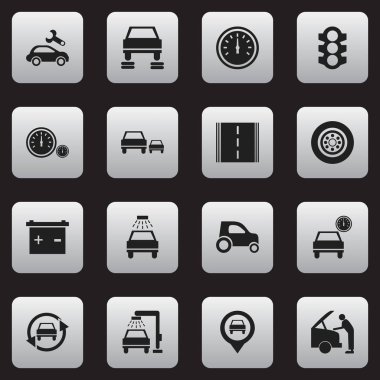 16 düzenlenebilir araba simgeler kümesi. İşaretçi, akümülatör, arabayı tamir ve daha fazlası gibi simgeler içerir. Web, mobil, UI ve Infographic tasarımı için kullanılabilir.