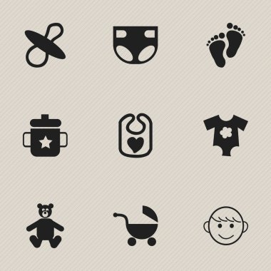 9 düzenlenebilir bebek simgeler kümesi. Önlük, emzikler, Bebek bezi ve daha fazlası gibi simgeler içerir. Web, mobil, UI ve Infographic tasarımı için kullanılabilir.