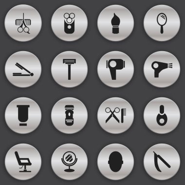 16 düzenlenebilir kuaförlük simgeler kümesi. Kuaför Set, saç gibi simgeler içerir kurutucu, Kuaför araçları ve daha fazlası. Web, mobil, UI ve Infographic tasarımı için kullanılabilir.