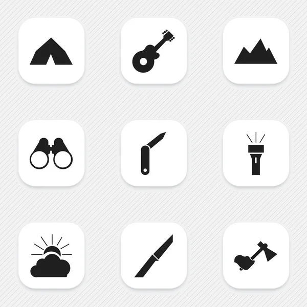 Набір з 9 для редагування поїздки іконок. Включає в себе символи, такі як Tepee, ніж, пік і багато іншого. Може використовуватися для веб, мобільні, призначеного для користувача інтерфейсу і інфографіки дизайн. — стоковий вектор