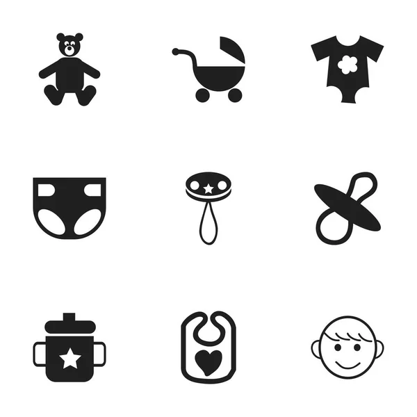 Set de 9 iconos de bebé editables. Incluye símbolos como cochecito, vestidos pequeños, peluche y más. Puede ser utilizado para el diseño de la tela, móvil, interfaz de usuario e infografía . — Vector de stock