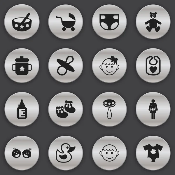 Набор из 16 настольных иконок. Includes Symbols such as Merry Children, Stroller, Small Dresses and More. Can be used for Web, Mobile, UI and Infographic Design . — стоковый вектор