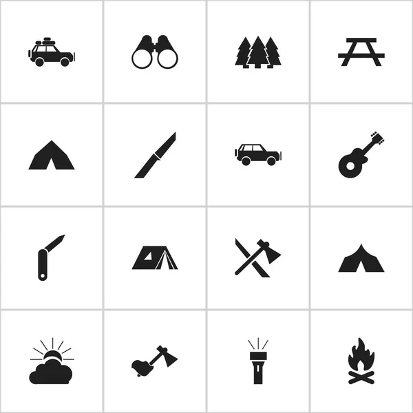 Zestaw 16 edycji ikon Camping. Zawiera symbole, takie jak Tomahawk, zapięcie nóż, okulary pole i więcej. Mogą być używane dla sieci Web, mobilnych, interfejsu użytkownika i Infographic Design. — Wektor stockowy