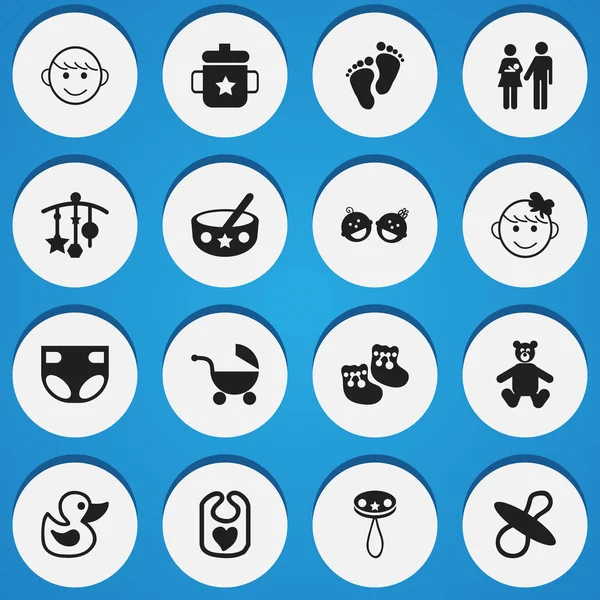 Conjunto de 16 ícones editáveis para crianças. Inclui símbolos como Teddy, sapatos para bebês, colher e muito mais. Pode ser usado para Web, Mobile, UI e design infográfico . — Vetor de Stock