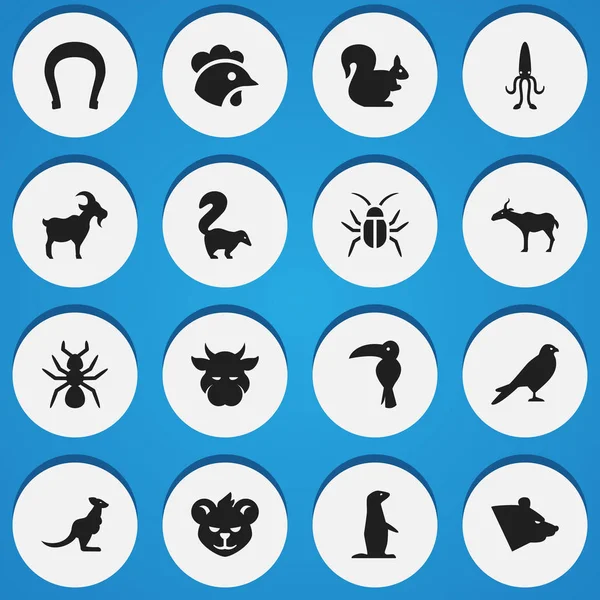 Satz von 16 editierbaren Tiersymbolen. beinhaltet Symbole wie Tiger, Wallaby, Kine und mehr. kann für Web-, Mobil-, UI- und Infografik-Design verwendet werden. — Stockvektor
