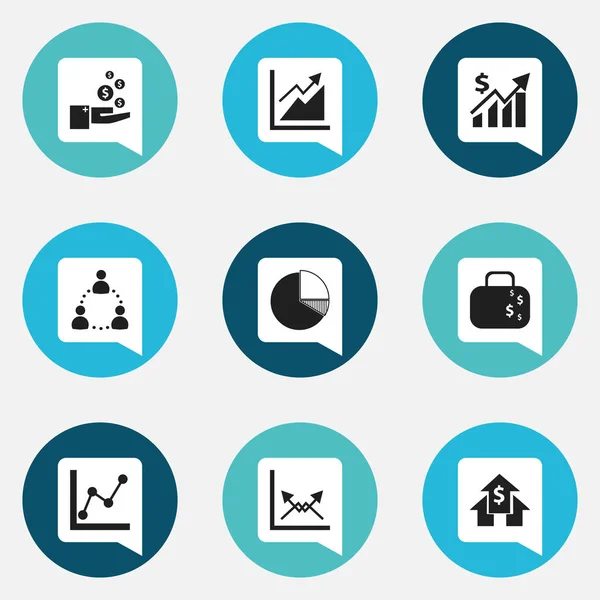 Set Of 9 Editable Statistic Icons. Includes Symbols Such As Banking House, Progress, Circle Diagram And More. Can Be Used For Web, Mobile, UI And Infographic Design. — Stock Vector