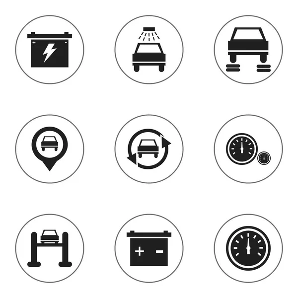 Set von 9 editierbaren Fahrzeug-Symbolen. beinhaltet Symbole wie Batterie, Zeiger, Tuning-Auto und mehr. kann für Web-, Mobil-, UI- und Infografik-Design verwendet werden. — Stockvektor
