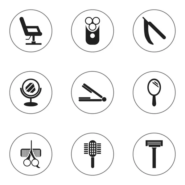 Set Of 9 Editable Barbershop Icons. Includes Symbols Such As Take The Hair Dryer, Elbow Chair, Hairdresser Set And More. Can Be Used For Web, Mobile, UI And Infographic Design. — Stock Vector